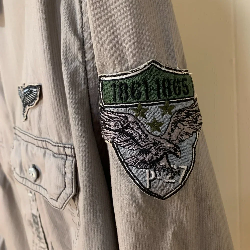Vtg Y2K INC Men's Gray Military Shirt Sz XXL Patches Japanese graphic streetwear